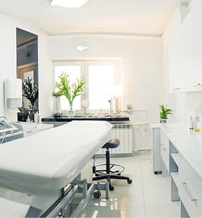 Empty physical therapy room with treatment bed and green foliage