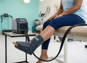 Physiotherapist assisting a patient with a leg mobility exercise on a treatment table