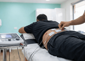 Physiotherapist using a therapeutic device on a patient's leg in a clinic