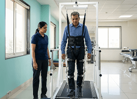 Patient practising supported walking on a gait training treadmill at Vyana Ahmedabad