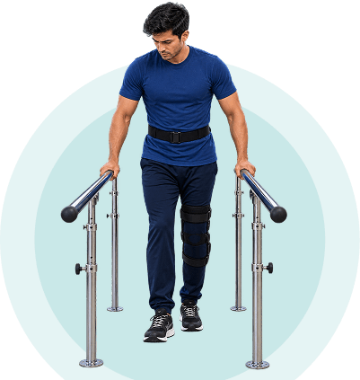 Illustration of a person balancing while walking, supported by gait training