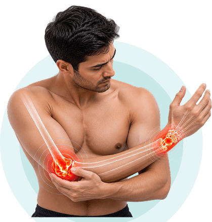 Illustration of the elbow, wrist and hand highlighting areas treated with ultrasound therapy