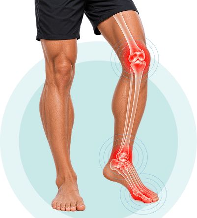 Illustration of the legs highlighting lower-limb conditions rehabilitated with gait training