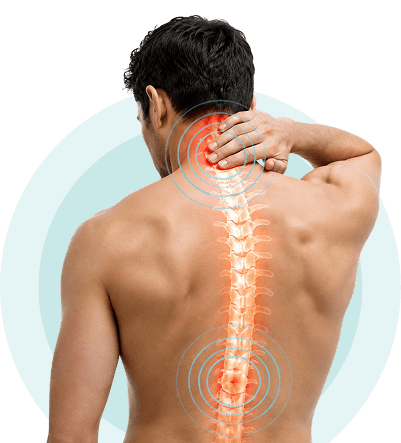 Illustration of the spine highlighting neck and back pain areas treated with ultrasound therapy