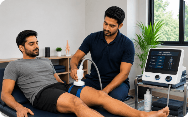 FMS therapy applicator positioned over a patient's leg during treatment