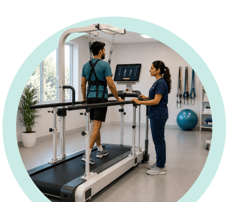 Vyana physiotherapist supervising a patient walking on a gait training treadmill in Ahmedabad