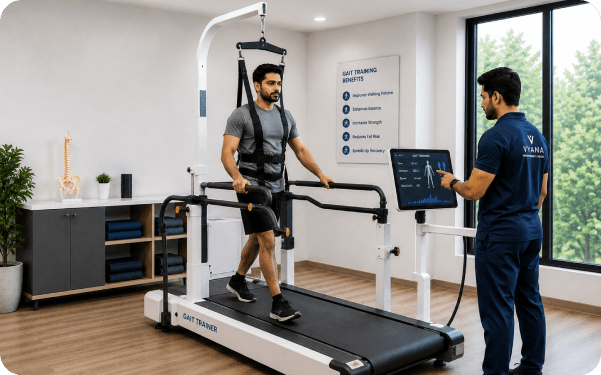 Patient walking on a treadmill with handrail support during a gait training session