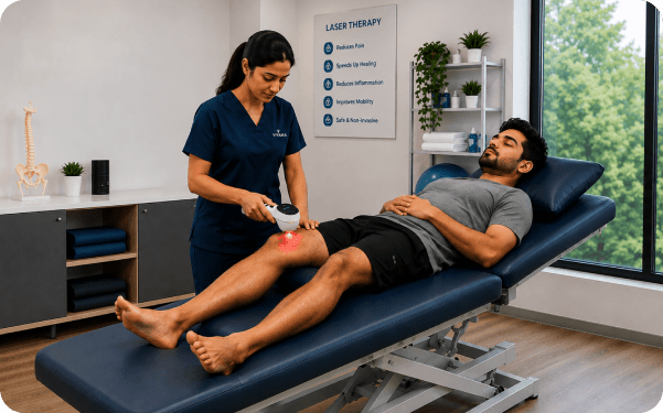 Laser therapy probe being applied to a patient's knee during treatment
