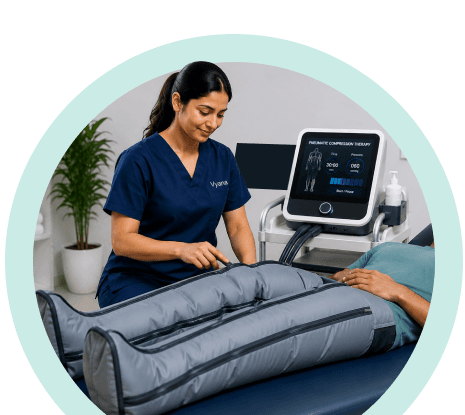 Vyana physiotherapist setting up pneumatic compression sleeves on a patient's legs in Ahmedabad