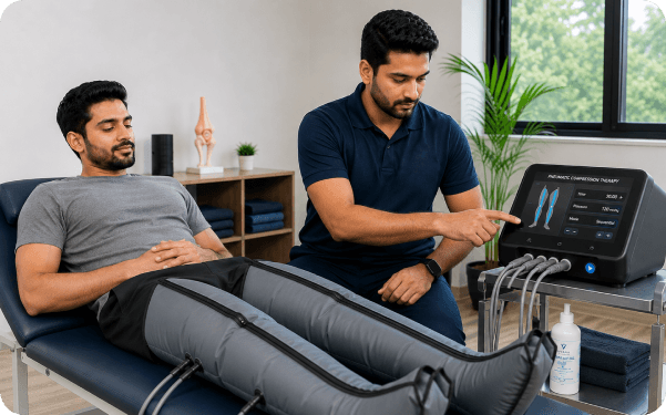Pneumatic compression sleeves inflating around a patient's legs during treatment