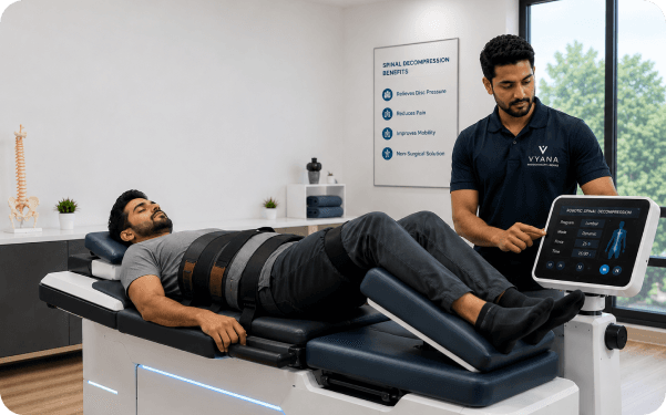 Patient harnessed on a decompression table while a physiotherapist sets the traction programme
