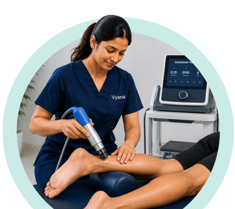Vyana physiotherapist treating a patient's foot with a shockwave therapy device in Ahmedabad