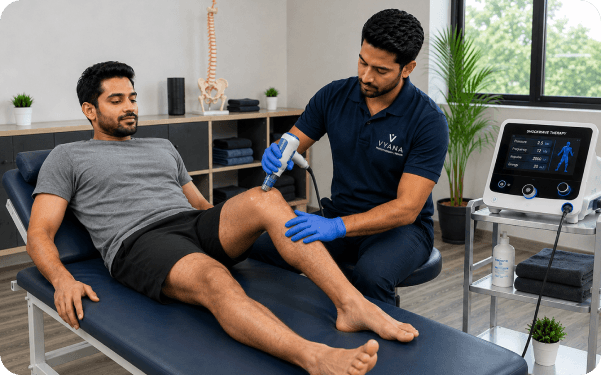 Shockwave therapy applicator being used on a patient's elbow during treatment