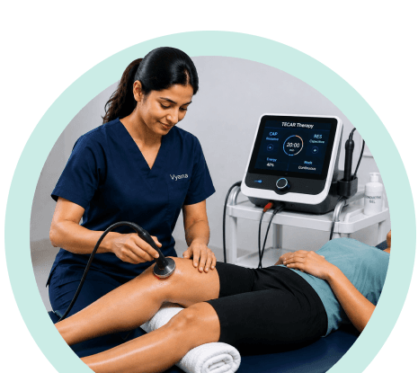 Vyana physiotherapist treating a patient's knee with a TECAR therapy machine in Ahmedabad