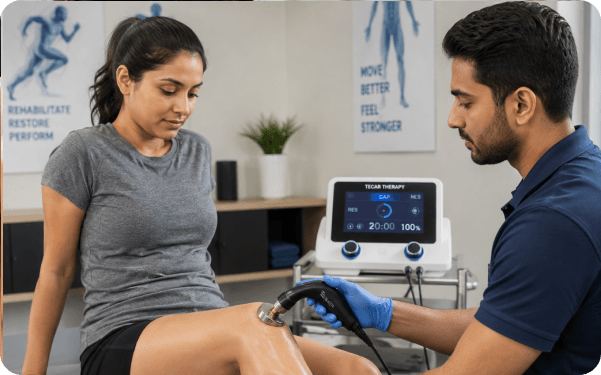 TECAR therapy handpiece being moved over a patient's knee during treatment