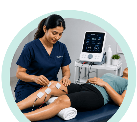 Vyana physiotherapist placing TENS electrodes on a patient's knee beside a TENS unit in Ahmedabad
