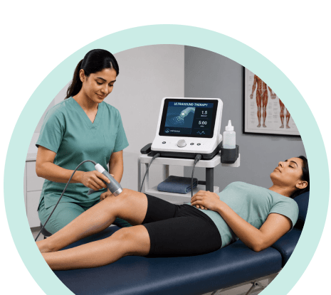 Vyana physiotherapist treating a patient's leg with an ultrasound therapy machine in Ahmedabad