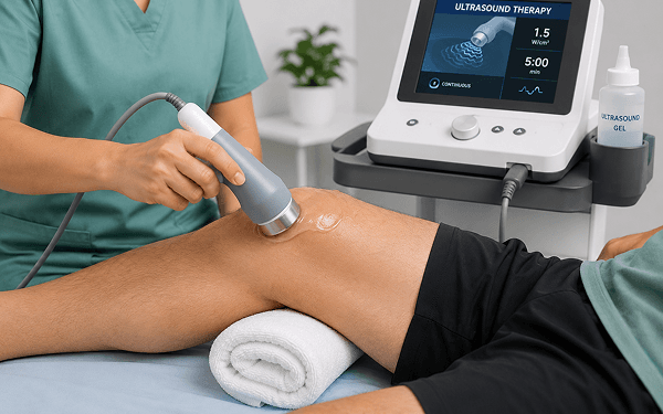 Ultrasound therapy probe being moved over a patient's knee during treatment