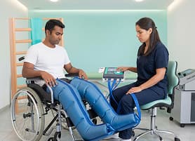Physiotherapist operating an intermittent pneumatic compression device for a seated patient wearing compression boots at Vyana Ahmedabad