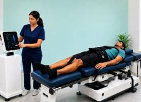 Patient on a robotic spinal decompression table during treatment at Vyana Ahmedabad