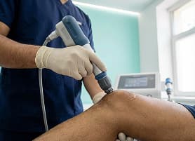 Healthcare professional applying shockwave device to patient's knee