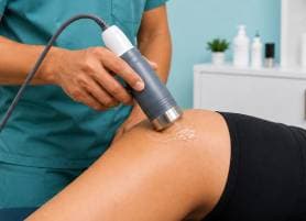 Physiotherapist applying an ultrasound therapy probe to a patient's knee at Vyana Ahmedabad