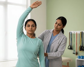 Woman performing arm stretch with physiotherapist guiding posture in clinic