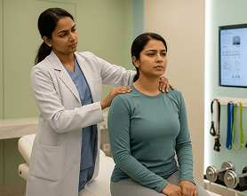 Physiotherapist performing assessment with hands on patient's shoulders in clinic