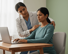 Woman at desk with laptop as physiotherapist guides shoulder posture