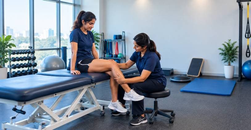 Physiotherapist assessing a patient's knee during an ACL rehabilitation session in a clinic