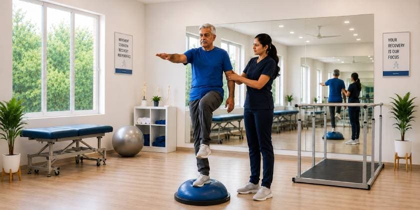 Physiotherapist supporting an older man practising single-leg balance on a wobble cushion in a clinic