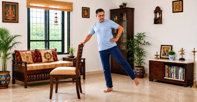 Older man at home practising a standing leg lift with one hand resting lightly on a dining chair