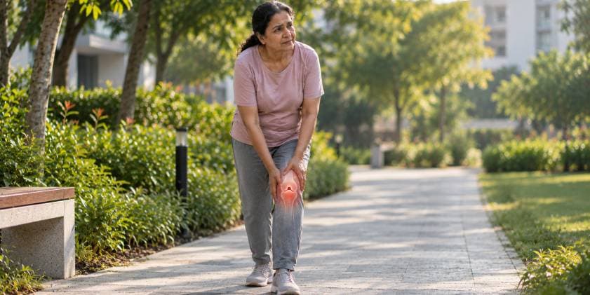 Woman pausing on a park path holding her knee, with the painful area highlighted in red