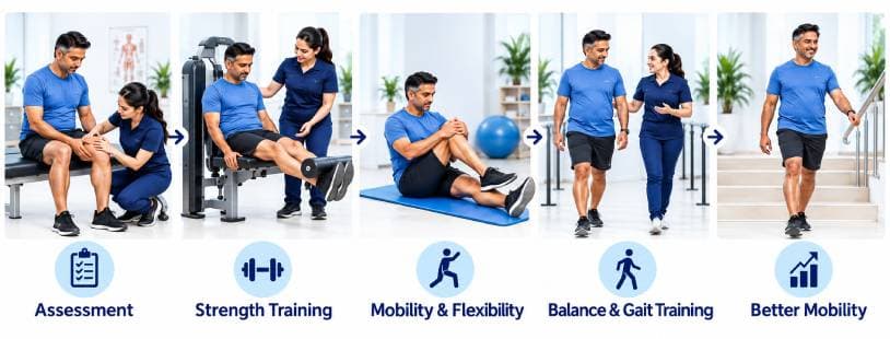 Five-stage knee physiotherapy journey: assessment, strength training, mobility and flexibility, balance and gait training, and better mobility
