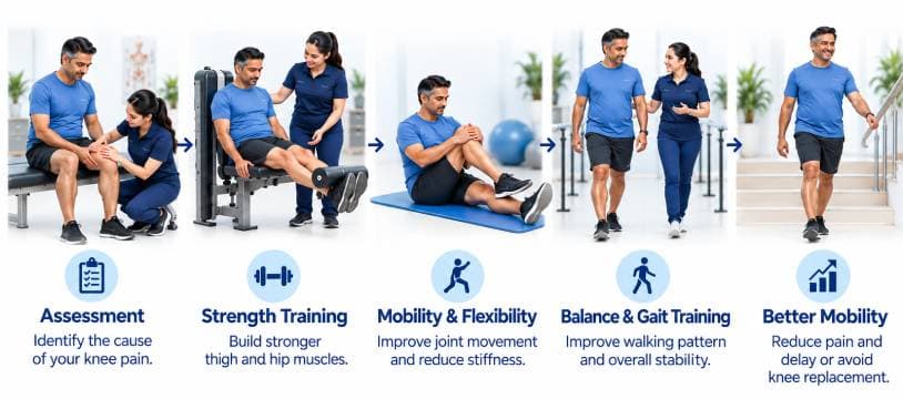 Five-stage knee physiotherapy journey: assessment, strength training, mobility and flexibility, balance and gait training, and better mobility