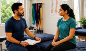 Physiotherapist with a clipboard talking through a treatment plan with a seated patient in a bright clinic
