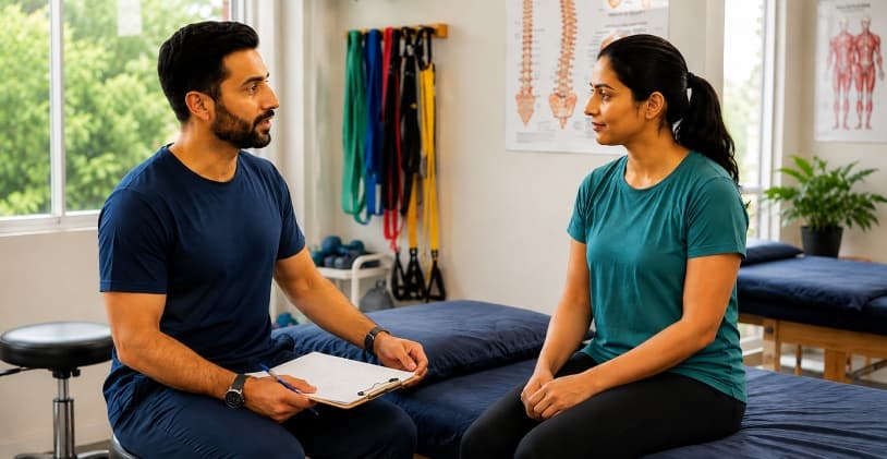 Physiotherapist with a clipboard talking through a treatment plan with a seated patient in a bright clinic