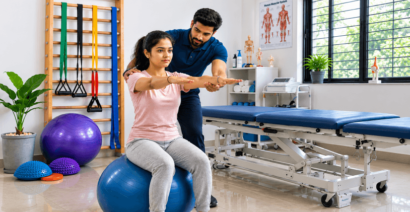 Physiotherapist guiding a patient through a seated balance and arm exercise on a therapy ball in a rehabilitation gym