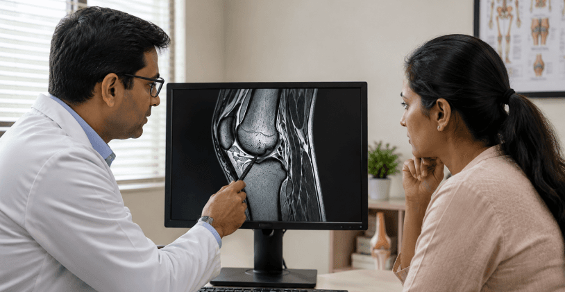 Doctor reviewing a knee MRI scan on a monitor with a patient seated beside him