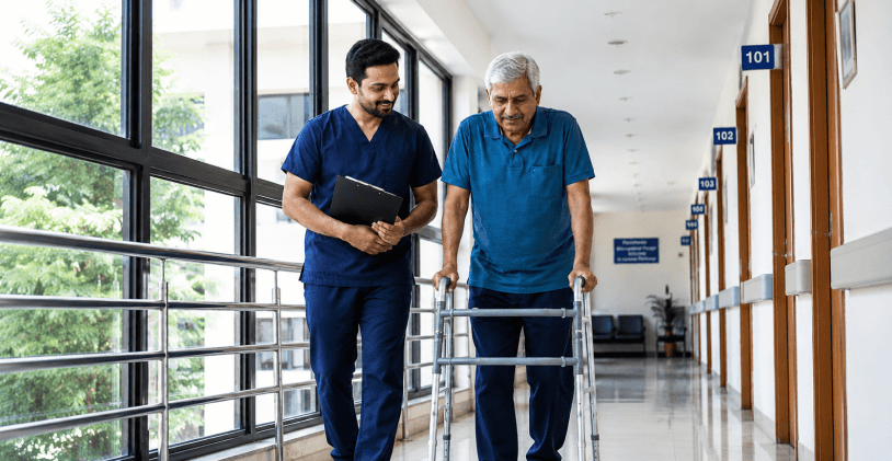 Physiotherapist supervising an older patient walking with a frame along a hospital corridor