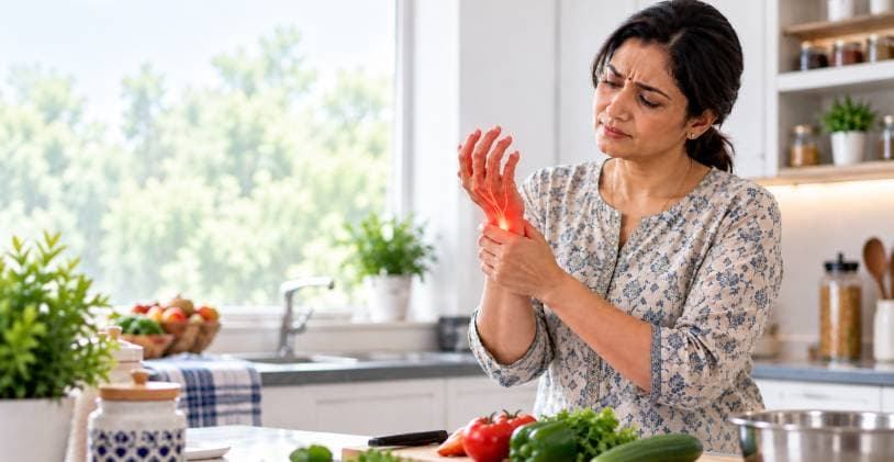 Woman in a kitchen holding her wrist in pain from carpal tunnel syndrome