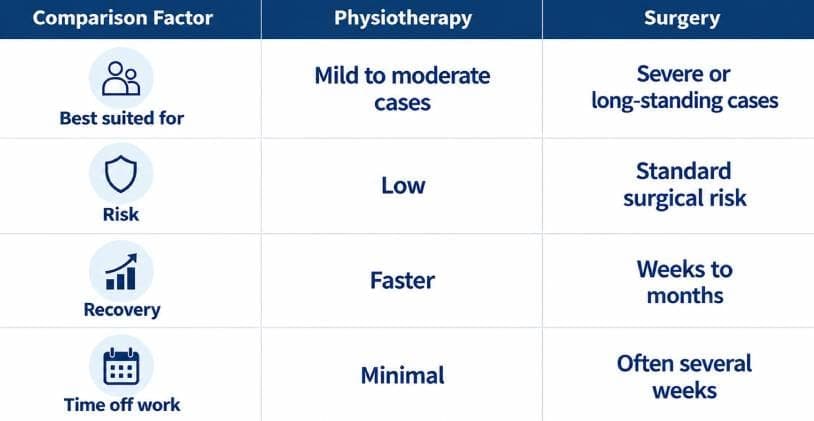 Chart comparing physiotherapy and surgery for carpal tunnel syndrome by suitability, risk, recovery, and time off work