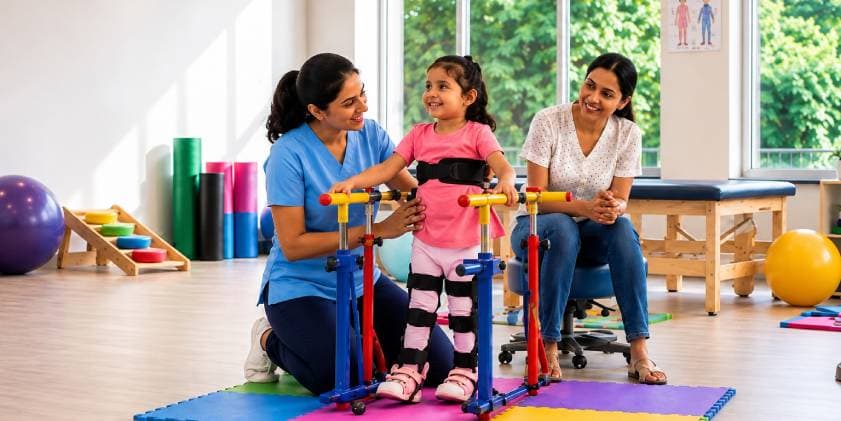 Paediatric physiotherapist supporting a smiling young girl in leg braces using a walking frame while her mother watches