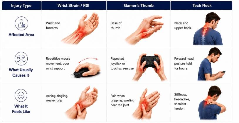 Chart comparing wrist strain, gamer's thumb, and tech neck by affected area, common cause, and symptoms