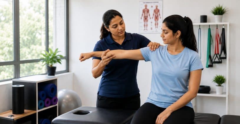 Physiotherapist guiding a seated patient through a shoulder movement assessment in a bright clinic