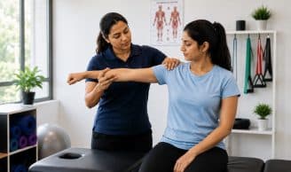 Physiotherapist guiding a seated patient through a shoulder movement assessment in a bright clinic