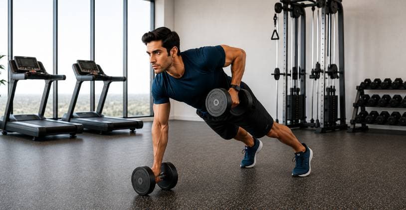 Man in a gym holding a plank position while performing a single-arm dumbbell row with controlled form