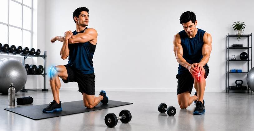 Two gym scenes side by side. On the left a man holds a controlled kneeling quad stretch with normal training soreness marked at the knee, on the right the same man grips his knee in sharp pain with the joint marked in red