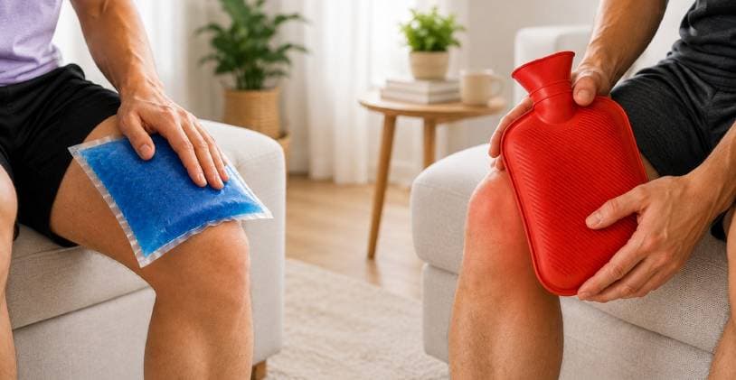 Two people sitting on a sofa, one holding a blue ice pack on the knee and the other a red hot water bottle