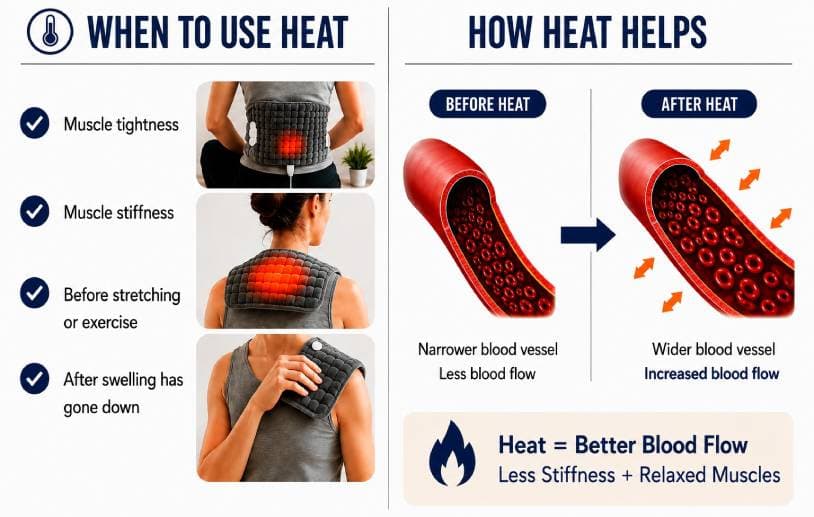 Infographic showing how heat increases blood flow and relieves pain, when to use heat, and how blood vessels widen with heat
